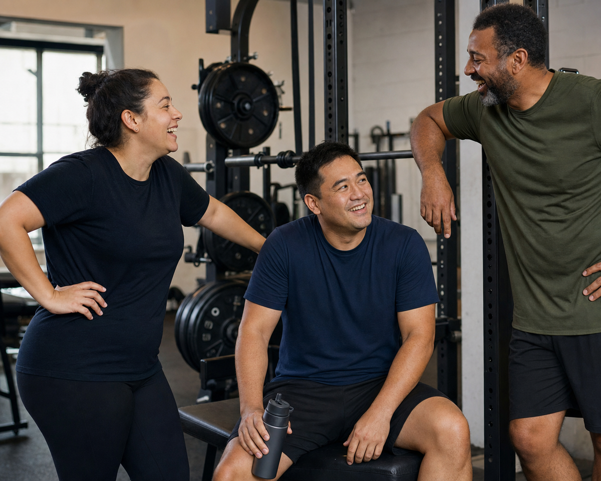 Three everyday gym friends sharing a laugh between sets